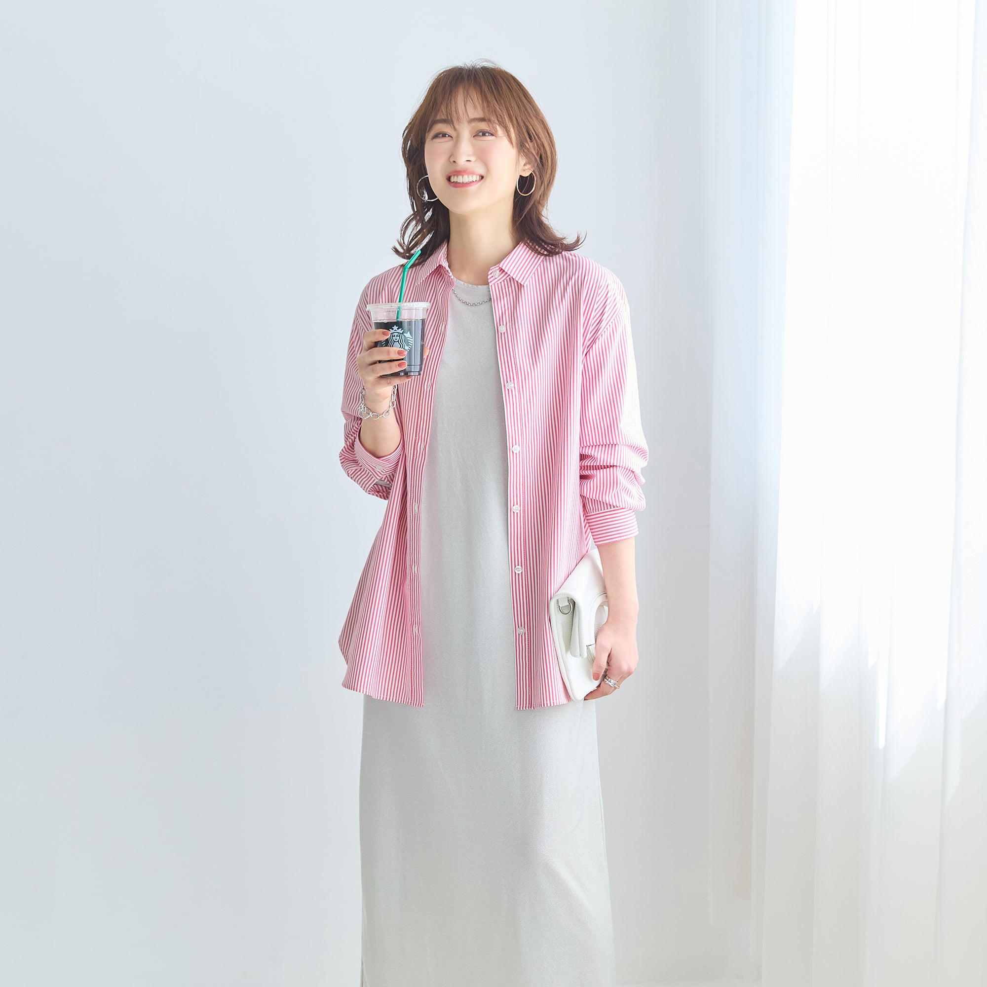 ourhome＊シワになりにくい胸元切り替えロングシャツ［グレイッシュ