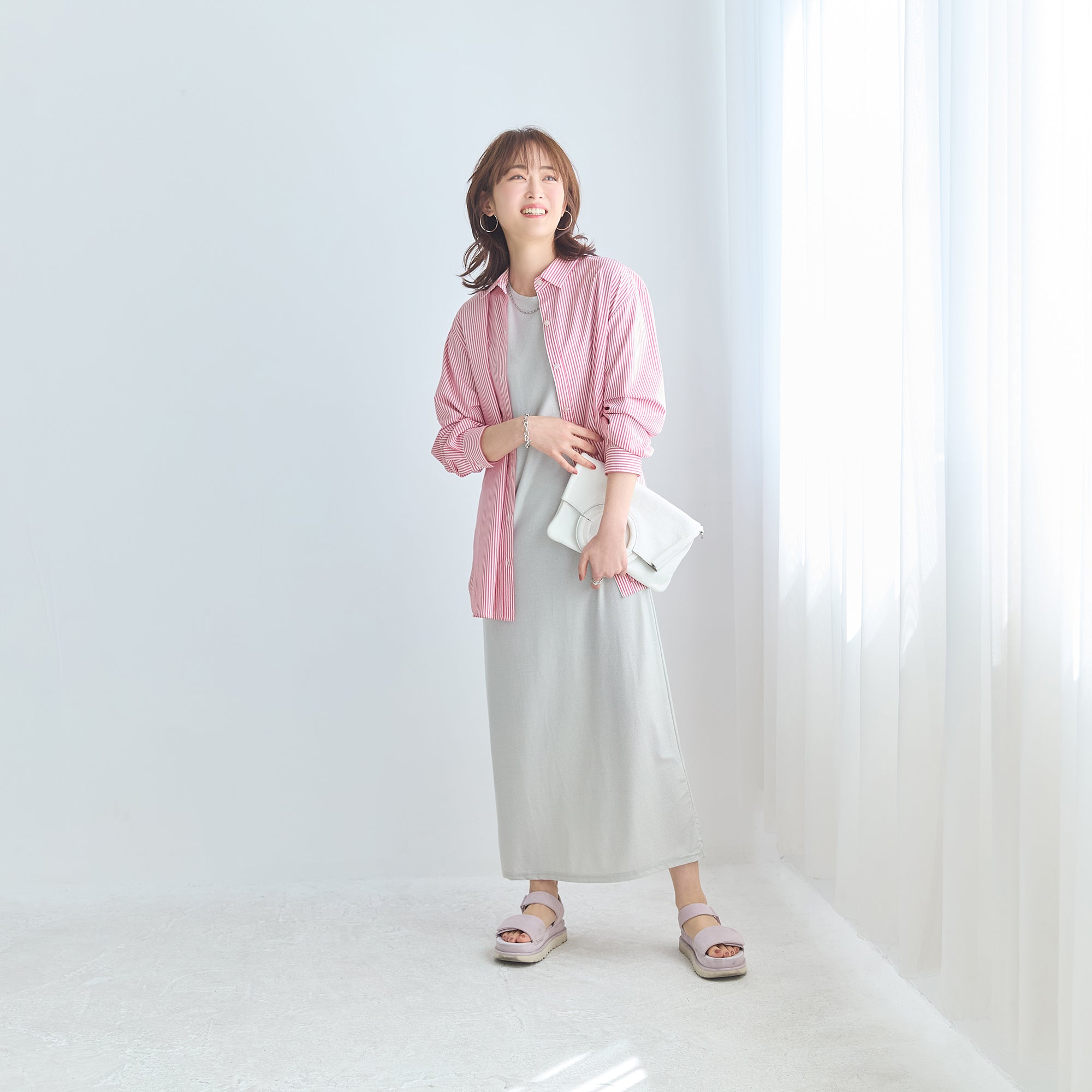 ourhome＊シワになりにくい胸元切り替えロングシャツ［グレイッシュ