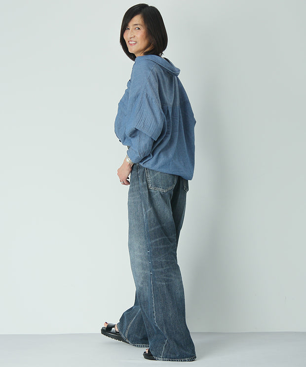 170cm・Lサイズ着用 シアーデニムシャツ ブルー単体のコーディネート