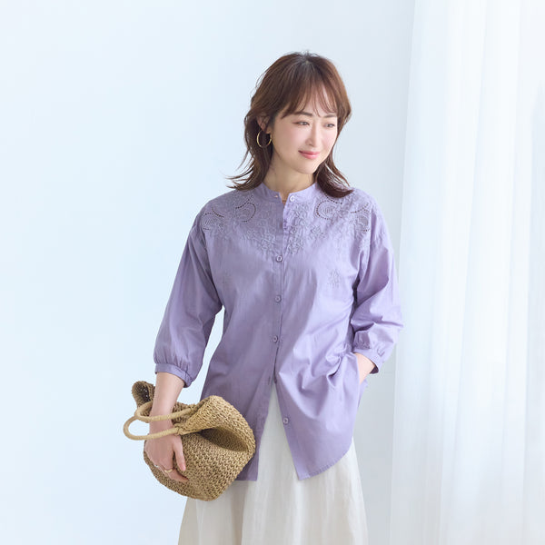 【ネックレス要らず、顔まわり華やぐ】肩レースコットンシャツ