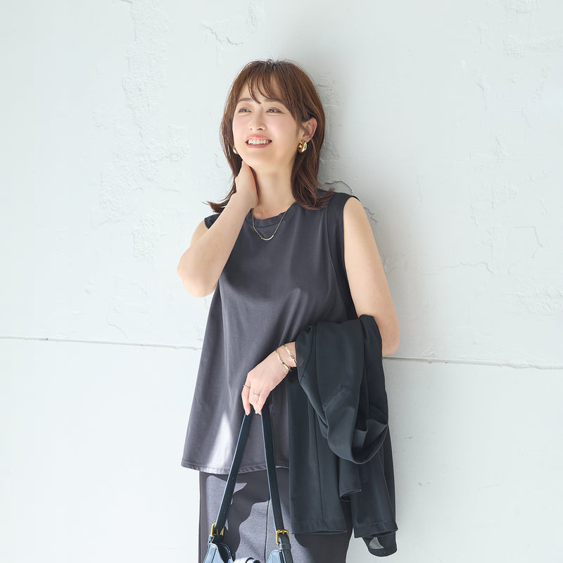 袖デザインノースリーブ グレージュ｜肩メッシュで安心感のあるきれいめノースリーブトップス 全身コーディネート