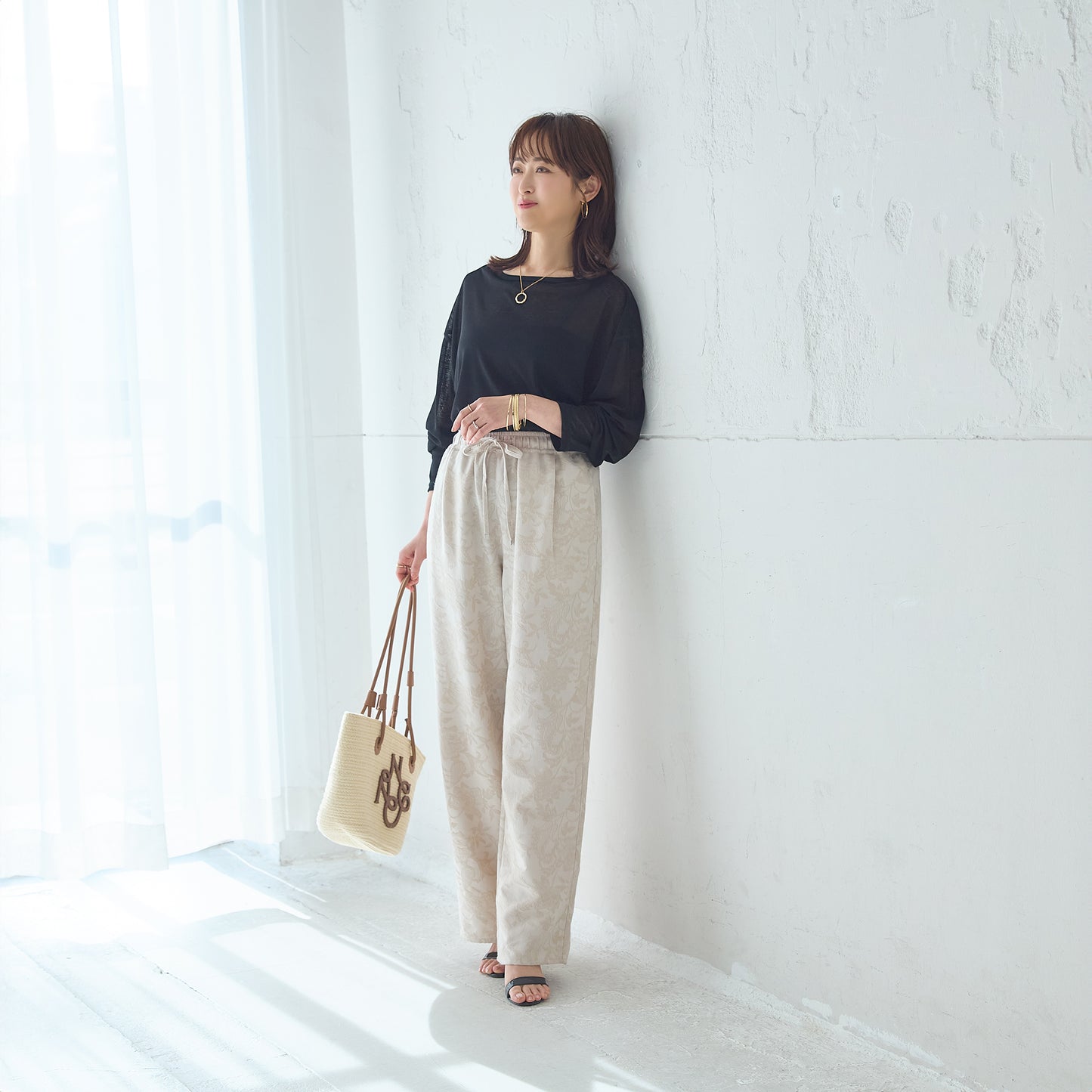 リネンブレンドジャカードワイドパンツ