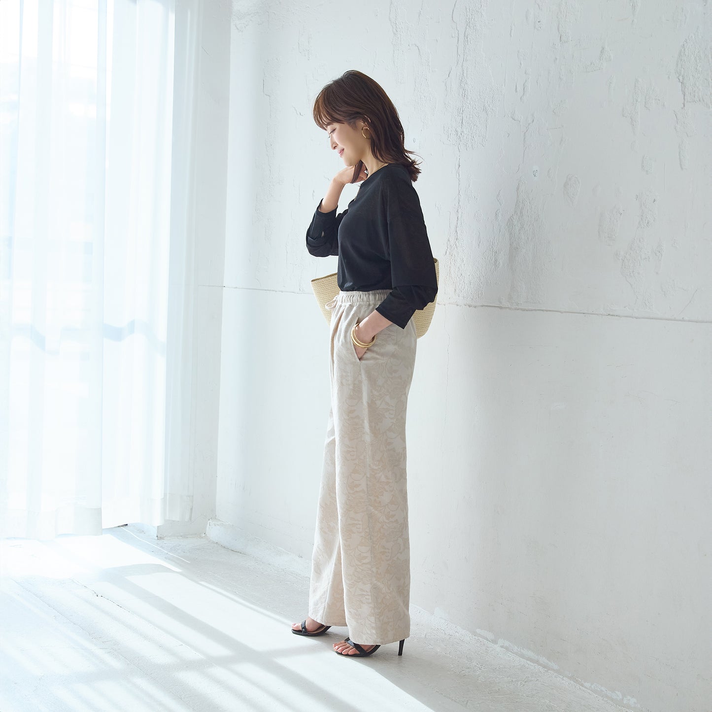 リネンブレンドジャカードワイドパンツ