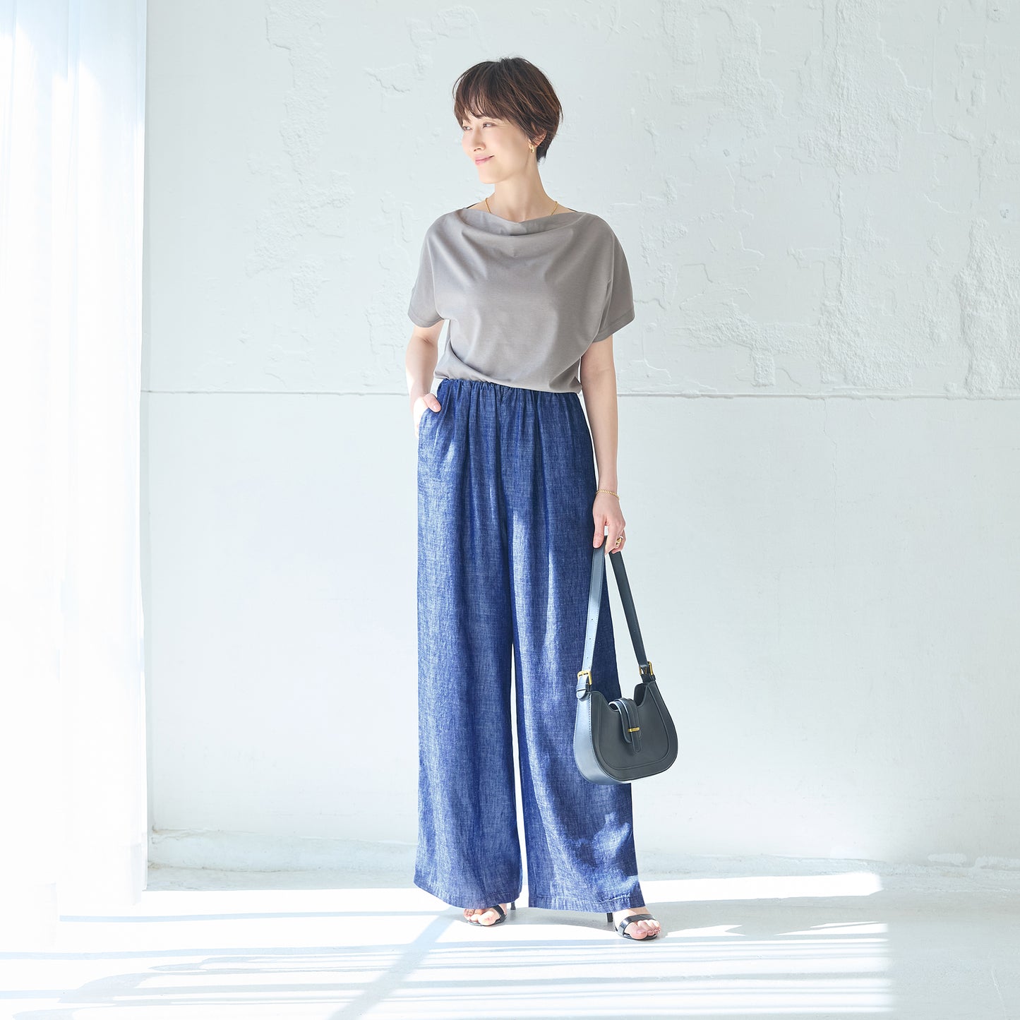 リネンブレンドデニムワイドパンツ