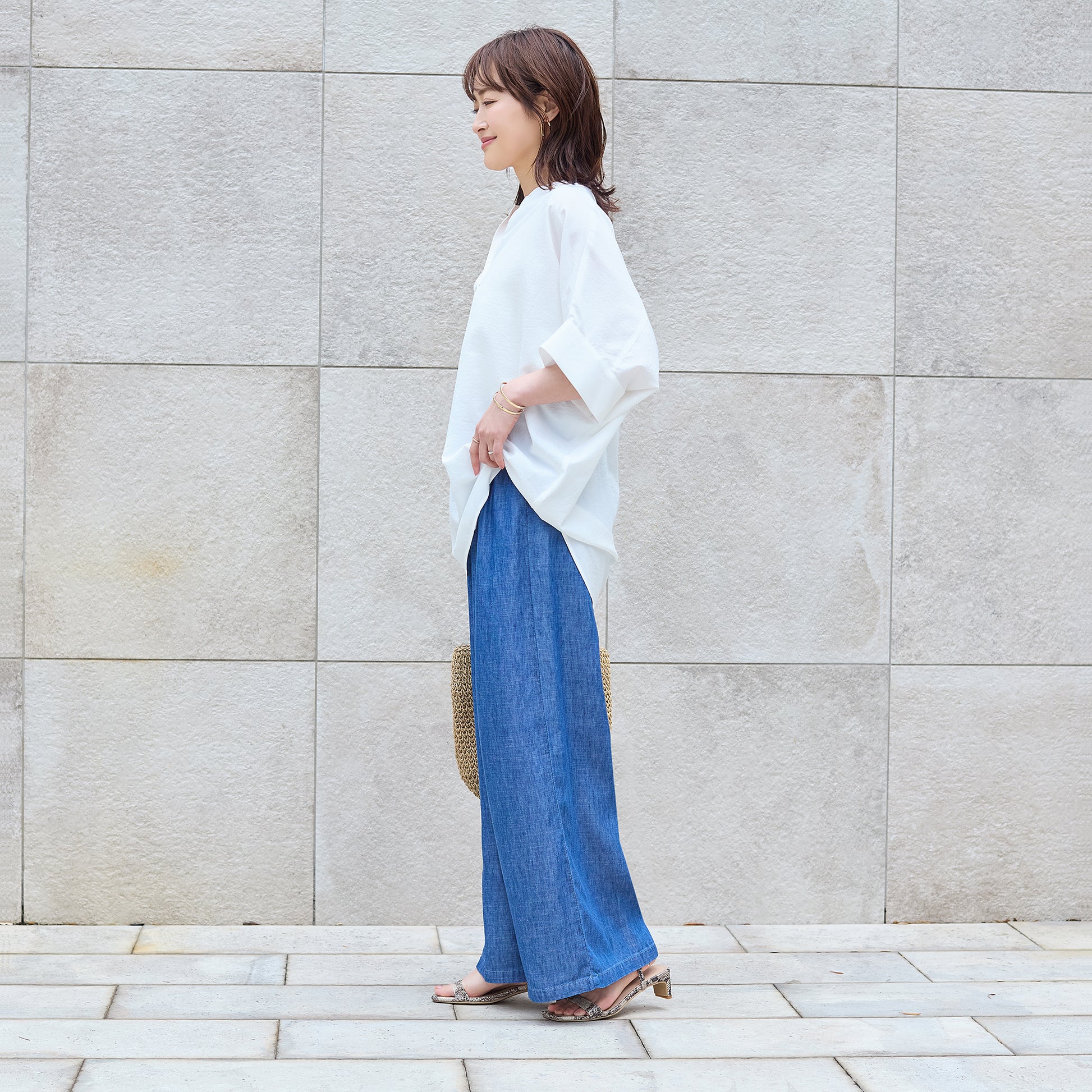 リネンブレンドデニムワイドパンツ しなやかな肌触り 麻混素材