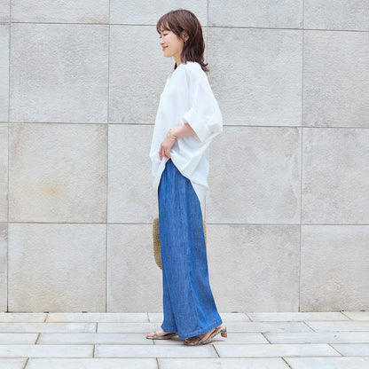 リネンブレンドデニムワイドパンツ しなやかな肌触り 麻混素材