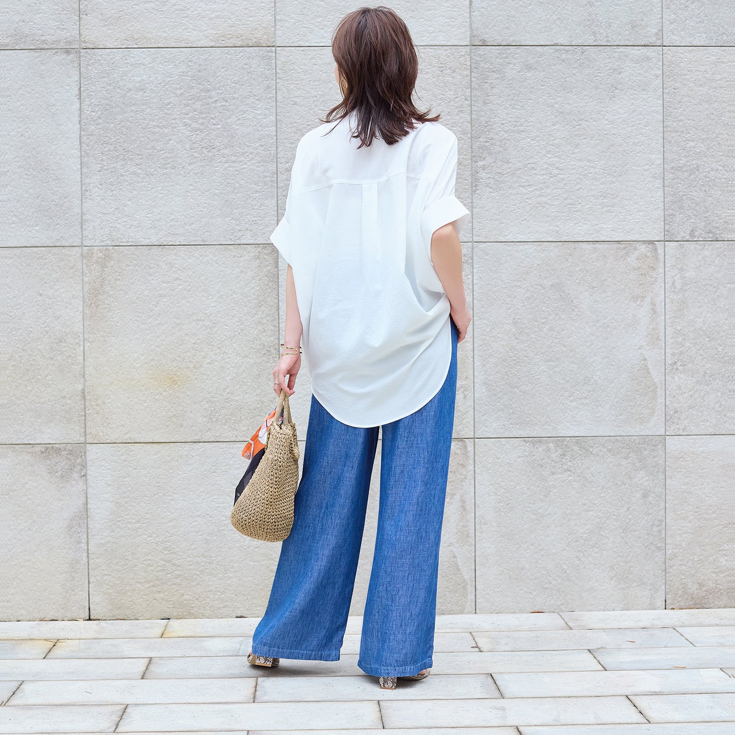 リネンブレンドデニムワイドパンツ 座っても快適 リラックスシルエット
