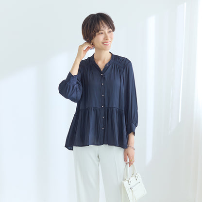 【計算シルエットで、すらり華やぐ】ウエスト切替ギャザーブラウス